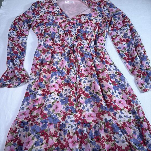 Kirundo Womens Dress Small Pink Floral Faux Wrap Ruffle Tiered Long Sleeve Flowy - Picture 13 of 13